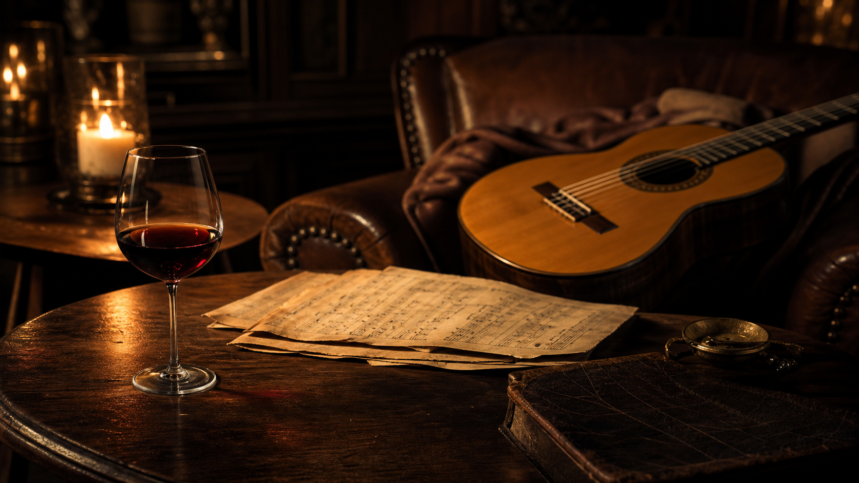 Mesa de madera con guitarra, vino y partituras bajo luz cálida